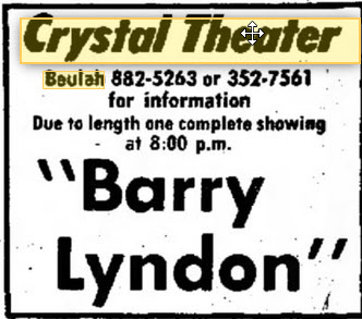 Crystal Theatre - Ad From Aug 4 1976